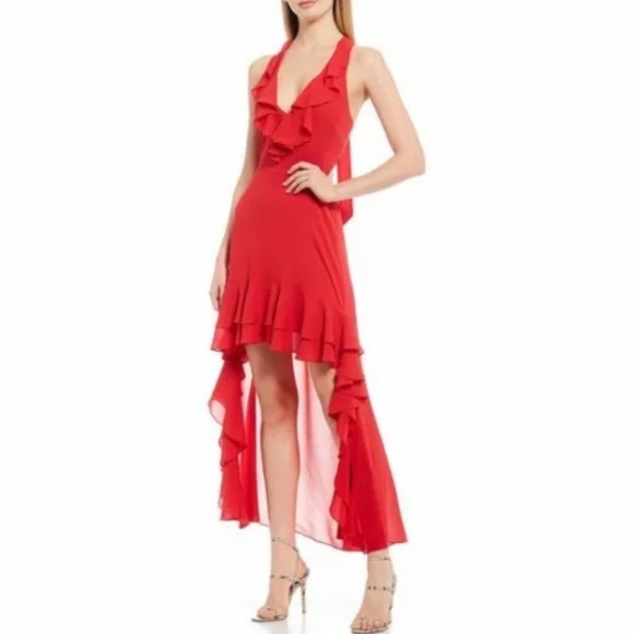 Badgley Mischka Red Ruffle Halter Hi Low Dress - Picture 1 of 7